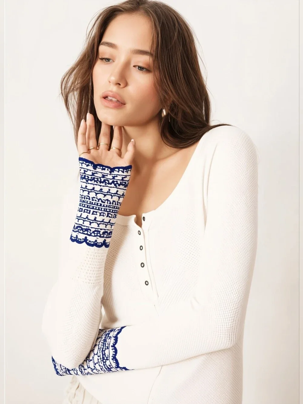 Free People Newbie Ski Lodge Off-White Henley Top with Crochet Knit Cuffs
